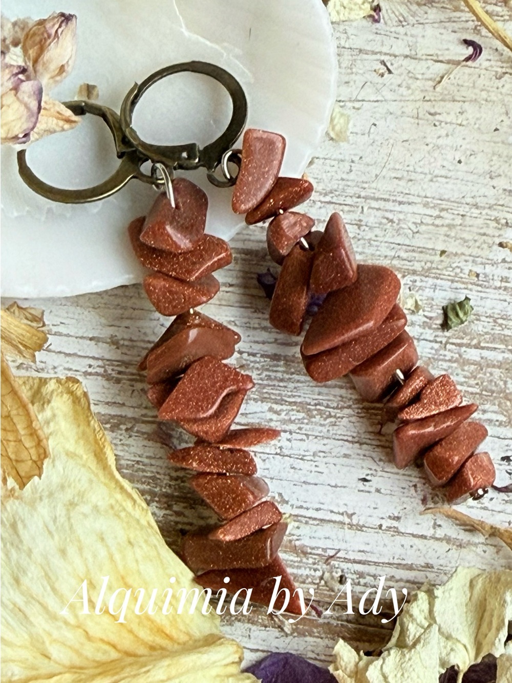 Sparkling Copper Brown Goldstone Chip Drop Earrings